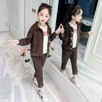 Горячая распродажа 2019 года, Весенне-осенняя детская одежда из двух предметов, куртки, пальто + брюки, Милый теплый костюм, комплекты одежды для девочек 4 цветов