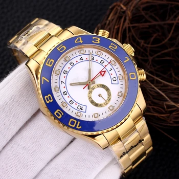 Новые Роскошные мужские часы Водонепроницаемые 44 мм Резиновые Rosegold Механизм с Автоподзаводом Механические Часы из нержавеющей Стали с синим керамическим безелем AAA