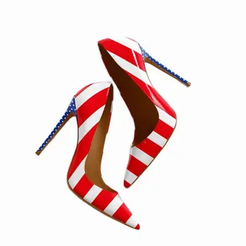 Туфли с принтом Американского Флага На тонком Каблуке С Острым Носком, Женская обувь из лакированной кожи, Туфли-лодочки без застежки, Модная Обувь для Вечеринок