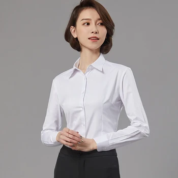 Новинка, женские рубашки с длинными рукавами, хлопковая облегающая официальная рубашка, однотонная деловая офисная одежда, белые топы, блузка