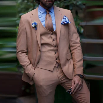2023 Новейший Коричневый приталенный костюм с вырезами на лацканах, Модный мужской костюм из трех предметов, сшитый на заказ, высококачественный костюм для свадебной вечеринки