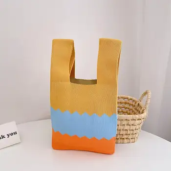 Женская вязаная сумка с цветными блоками, радужная вязаная сумка, стильная, вместительная, прочная для студентов, для продуктов Большей вместимости, для женщин