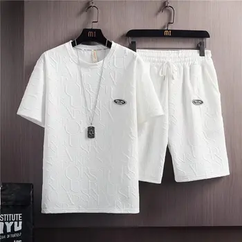 Летняя футболка, Шорты, Комплект из 2 предметов, Белый спортивный костюм, мужская Винтажная уличная одежда с 3D буквами, Креативный рисунок, Мужские комплекты, короткие наряды