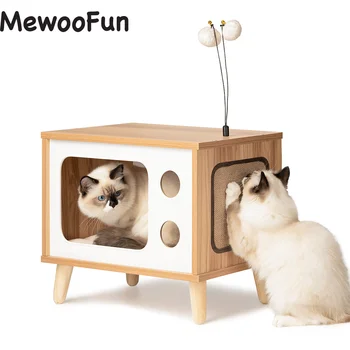 Mewoofun Кошачий домик Деревянная Кондоминиумная кровать в форме телевизора, Прочная Большая Роскошная Мебель для укрытия кошек с подушкой, Когтеточка для кошек
