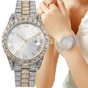 Роскошные брендовые женские часы с полной звездой, Элегантный стиль, комплект из страз, Металлический ремешок с римским текстом, Календарь, Кварцевые часы для женщин