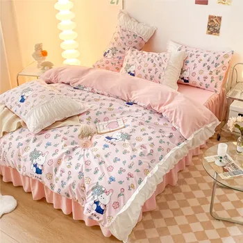 Приятная для кожи Хлопковая Кружевная юбка для сна в стиле Принцессы, Комплект постельного белья из 4 предметов, Пододеяльник, Простыня, наволочка с розовым цветком