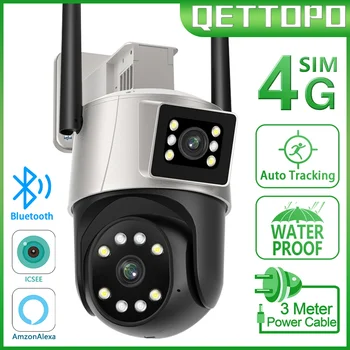 Qettopo 4K 8MP, Двухобъективная 4G PTZ-камера, Двойной экран, Ai, Автоматическое отслеживание Человека, Наружная камера видеонаблюдения iCSee PRO