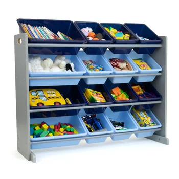 Детский серый органайзер для хранения игрушек, детские шкафы с 16 синими пластиковыми ящиками для хранения, деревянная каркасная мебель