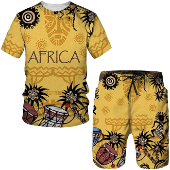 Мужская Красочная футболка с 3D Принтом в африканском народном стиле, Шорты, Костюмы из 2 предметов, Этнический спортивный костюм Дашики, Комплект для мужчин, Спортивная одежда Y2k, Одежда