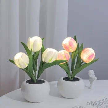 Имитация светодиодного ночного освещения в виде тюльпана, креативная зелень, Растения в горшках, Украшения для дома, настольная художественная керамическая ваза