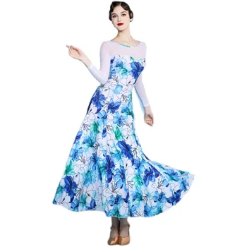 Платья для бальных танцев Американское гладкое платье для Танго, платье для вальса, Женское платье для бальных танцев с коротким рукавом и цветочным принтом, синее 9081