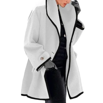 Осенне-зимнее шерстяное женское повседневное пальто средней длины с контрастным двубортным отворотом