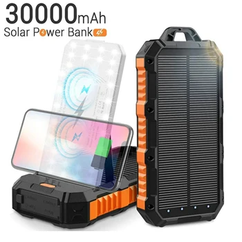 Солнечный Банк питания 30000 мАч Быстрое Qi Беспроводное зарядное устройство Powerbank для iPhone 14 13 Samsung Huawei Xiaomi Повербанк со светом для кемпинга