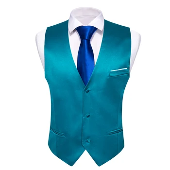Бирюзовый классический шелковый жилет без рукавов для мужчин, изысканный приталенный жилет с V-образным вырезом, комплект галстуков для отдыха, вечерние платья Barry.Wang DM-241