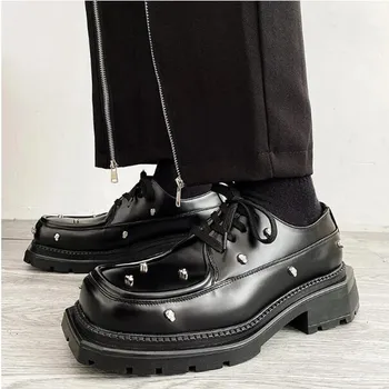 Черные Мужские Кожаные Туфли На Толстом каблуке, Модные Т-Образные Оксфорды на Шнуровке в Британском Стиле, Мужская Кожаная Обувь