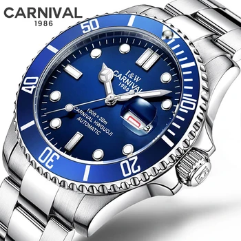 CARNIVAL/ роскошные брендовые автоматические механические часы, мужские наручные часы из нержавеющей стали, светящиеся водонепроницаемые спортивные синие часы для мужчин 8756